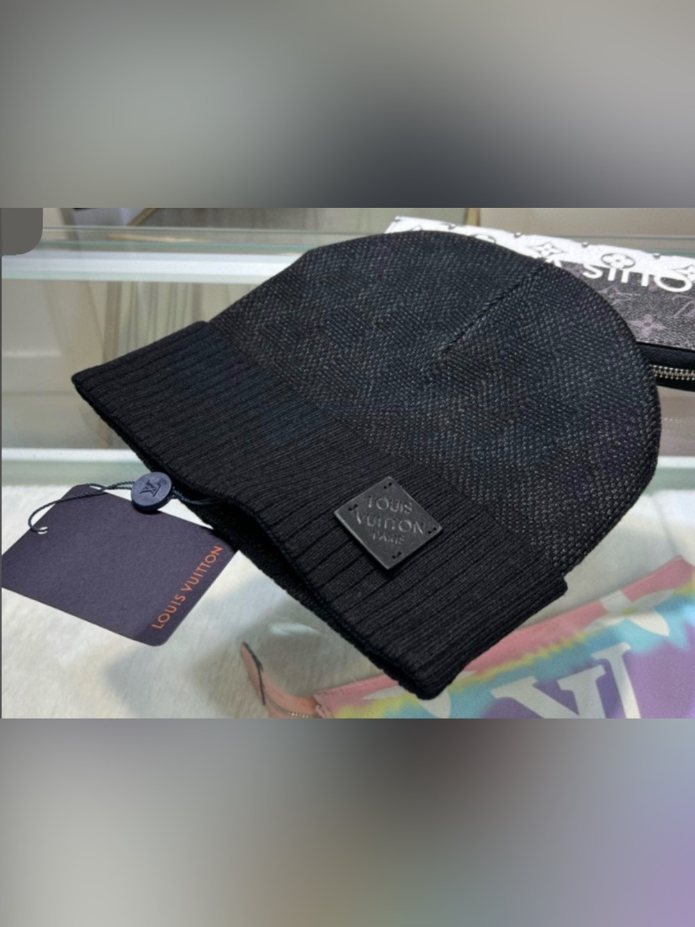 Louis Vuitton Black Knit Beanie with Brim and Logo Patch